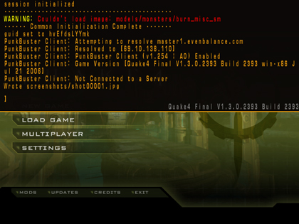 A screenshot of the drop-down console in Quake 4 overlaying the title screen.