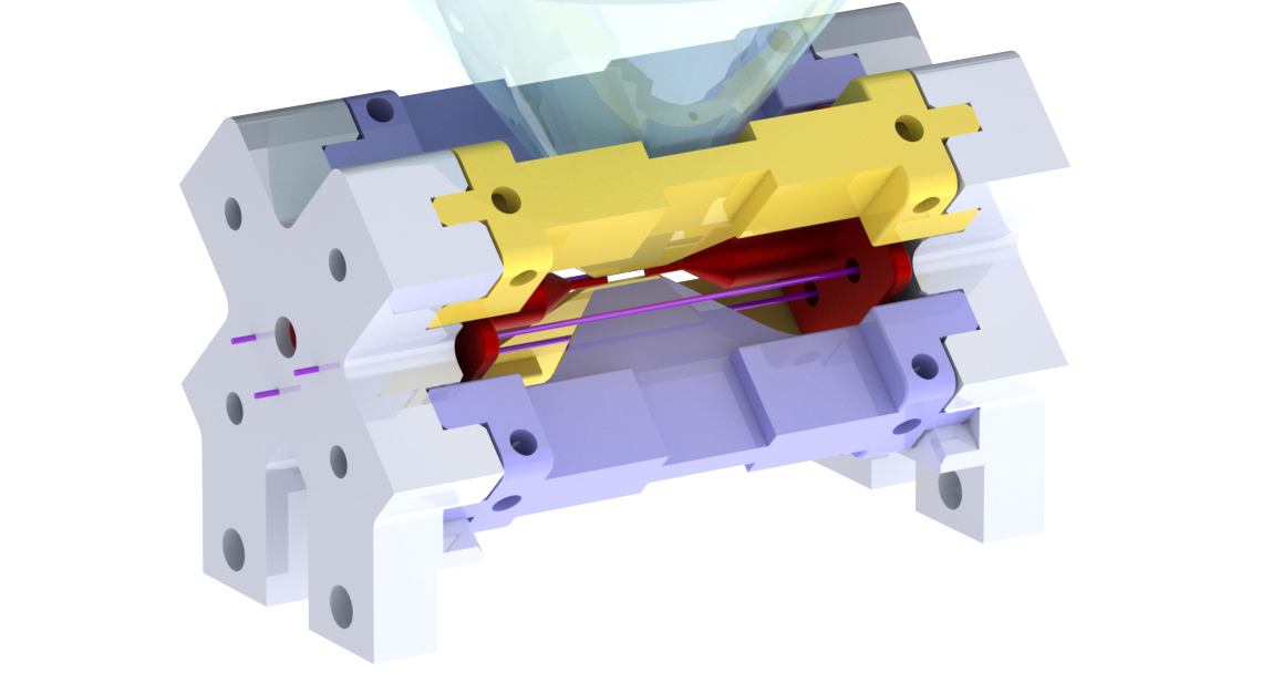 3D model of the ion trap used in the picture, with different parts highlighted.